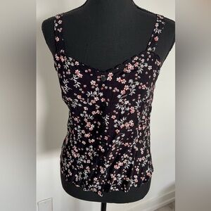 Floral Button-Front Cami Top - Black with Pink & White Floral